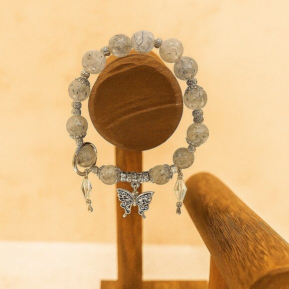 Elegant Gray Beaded Bracelet with Butterfly Charm - Picture 1 of 2